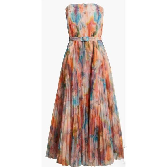 Hutch Coral Multi Swirl Strapless Pleated Fit Flare  Belted Midi Dress Sz 14 - Picture 2 of 12